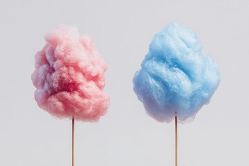Two fluffy cotton candy clouds, pink and blue, on wooden sticks against a plain light gray background