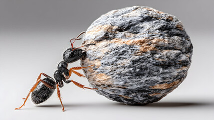 A black ant carrying a large grey seed or nut on a grey background.