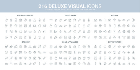 Smart home, electrical appliances remote control line icon set. Household equipment, grocery food products and cooking in kitchen with tools and utensils thin black outline symbols vector illustration