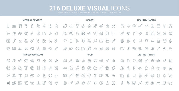 Diet and nutrition for health, medical kit and devices, fitness workout and gym line icon set. Everyday good habits, grocery store and restaurant food thin black outline symbols vector illustration