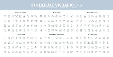 Education and online learning, mentoring, mind process in head line icon set. AI help to student, study language on lecture, webinar and lessons thin black outline symbols vector illustration © Iconic Prototype