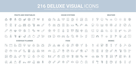 Smart home system technology, fruit and vegetable for cooking, weather line icons set. Food and drink, life planner for work, sports and entertainment thin black outline symbols vector illustration