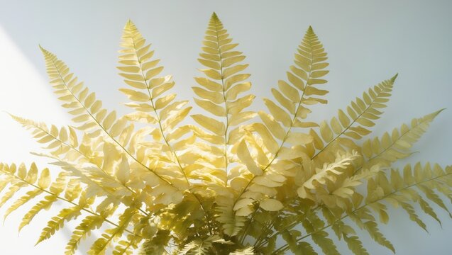 Golden fern leaves against a light background with sunlight shining through. Botanical and nature theme. Plant and foliage basics. The concept of natural greenery and botanical beauty