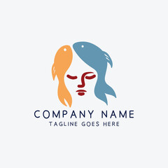 Beauty Woman Girl Lady Female with Fish Hair Illustration Logo Design
