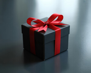 Fototapeta premium Elegant Black Gift Box with Vibrant Red Ribbon on Sleek Surface A Symbol of Sophistication and Thoughtful Giving for Special Occasions
