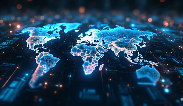 Dynamic digital world map highlighting Western Europe for AI powered global network connectivity concept.