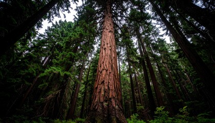 Fototapeta premium Low-angle view of a majestic redwood tree surrounded by a dense forest, its bark textured, reaching towards a cloudy sky