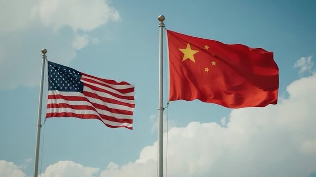 USA and China flags waving together.