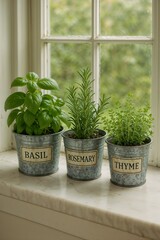 Fresh herbs growing in labeled pots - basil, rosemary and thyme for cooking