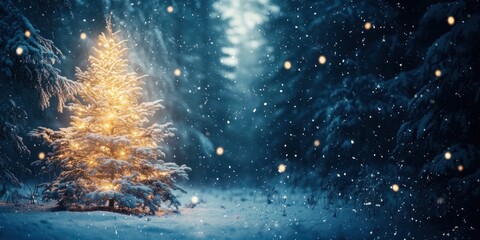 Real christmas tree snow forest winter.