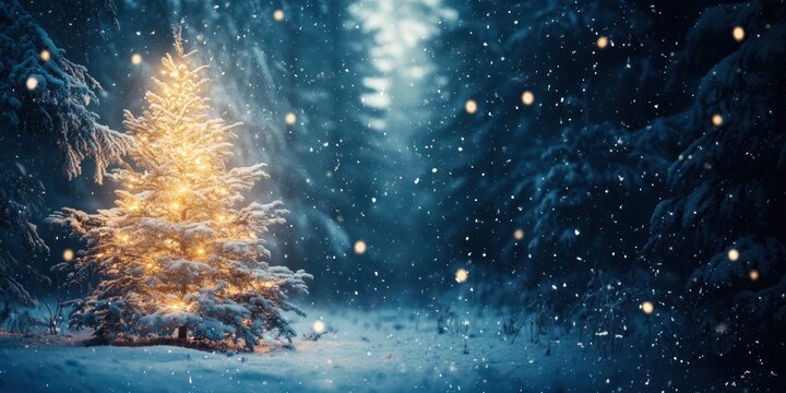 Real christmas tree snow forest winter.