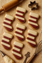 Artisan decorated Christmas cookies with royal icing in festive patterns and designs