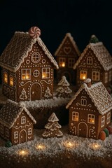 Miniature gingerbread village with illuminated windows on snowy winter scene