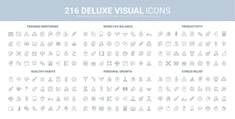 Healthy lifestyle and stress relief, good habits, personal career and skills growth line icon set. Work life balance, productive effective training thin black outline symbols vector illustration