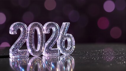 Shiny crystal numbers 2026 on purple bokeh  background