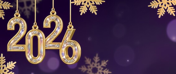 Golden numbers 2026 with diamonds and snowflakes on purple festive background