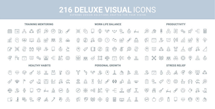 Healthy lifestyle and stress relief, good habits, personal career and skills growth line icon set. Work life balance, productive effective training thin black outline symbols vector illustration