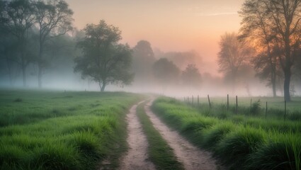 Fototapeta premium A misty morning landscape with a dirt pathway winding through lush green grass, trees in the background, and a soft sunrise in the sky.