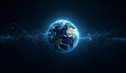 Night view of planet Earth from space with glowing light lines showing global communication networks.