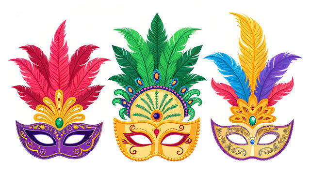 Set collection of colorful Mardi Gras carnival masks isolated as clipart illustrations. - Powered by Adobe
