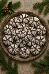 Traditional star-shaped Christmas cookies arranged in white bowl on rustic wooden background