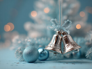 Silver bells and glittery ornament hang against soft blue background, evoking festive and serene holiday atmosphere. blurred lights add warm, cozy touch