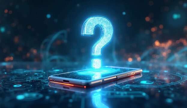 Smartphone displaying a glowing digital question mark hologram over an abstract technology background.