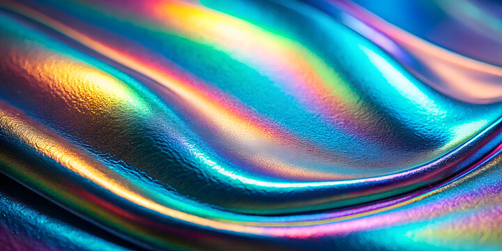 Iridescent metallic gradient surface with glowing rainbow effect in abstract design
