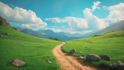 Fototapeta premium Lush green landscape with a dirt path winding through hills and mountains under a partly cloudy sky.