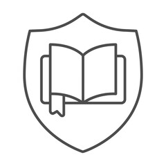Book with bookmark on shield thin line icon, book festival concept. Vector graphics. Textbook with safety emblem, secure sign on white background, outline style icon for mobile or web design.