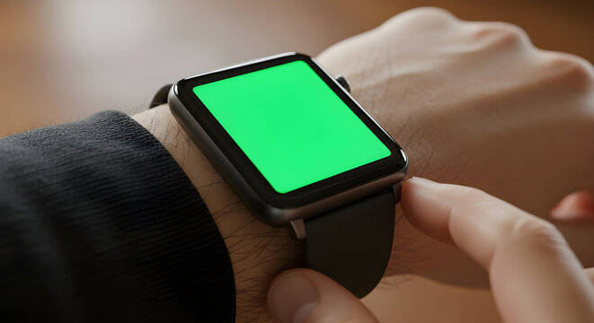 Close-up of a person's hand wearing a smartwatch with a green screen display, finger touching the side button.