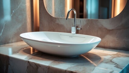 Fototapeta premium Modern bathroom sink with faucet on a marble countertop, reflected in a mirror, in a stylish interior setting.