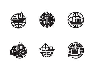 Global Trade and Shipping Logistics Icon Set in Black and White for Business and Transportation Concepts worldwide network