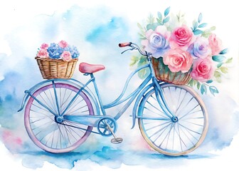 Charming vintage watercolor bicycle adorned with abundant pink and blue roses in wicker baskets