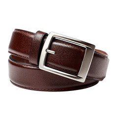 leather belt with metallic buckle laid flat on white background

