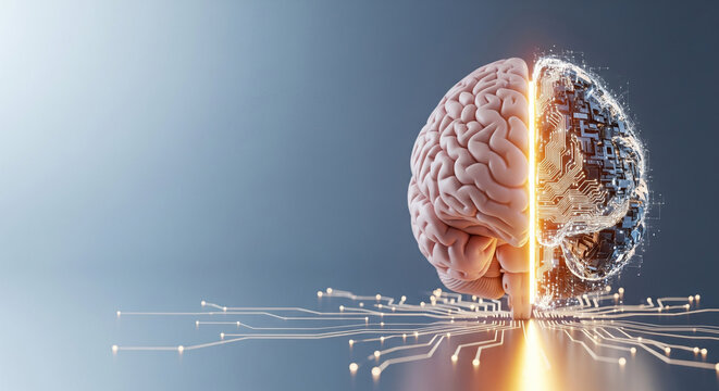 Artificial Intelligence Brain Concept. Human Brain meets Circuit Board. Technology Innovation Future AI. Neural Network Machine Learning.