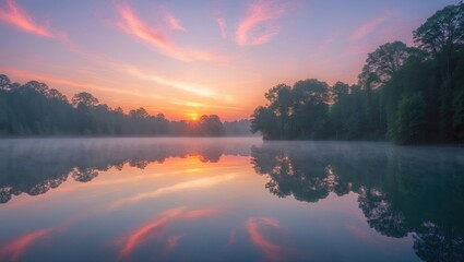 Sunrise over a calm river with mist rising and lush trees on both sides. Nature scenery and peaceful morning atmosphere. Reflective water and vibrant sky colors.