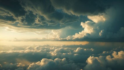 Cloudy sky with sunlight breaking through dark clouds, creating a dramatic and serene atmosphere.