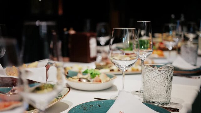 Refined restaurant table setting with crystal glasses, plates, and gourmet dishes in the background