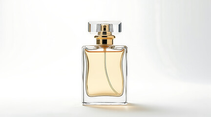 Elegant transparent perfume bottle with golden liquid inside, reflecting soft light on white background, conveying luxury and sophistication