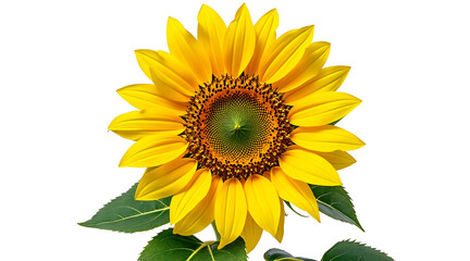 Fototapeta premium Vibrant yellow sunflower with detailed seeds and green leaves isolated on white background, showcasing natural beauty and bright colors