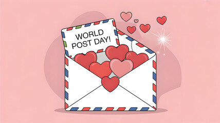 World post day greeting card with hearts coming out of an envelope on pink background