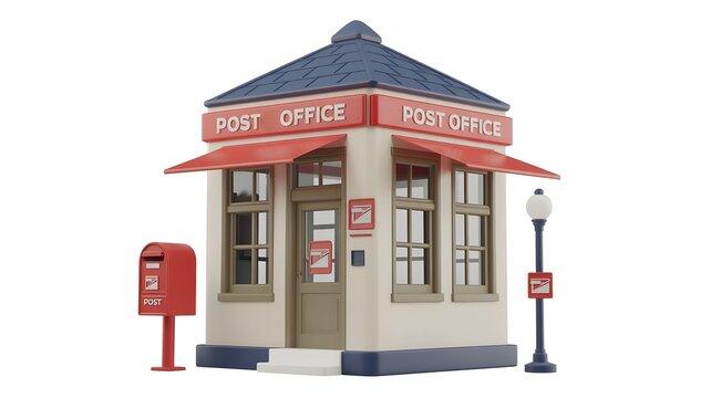 Charming cartoon post office building with mailbox and street light isolated