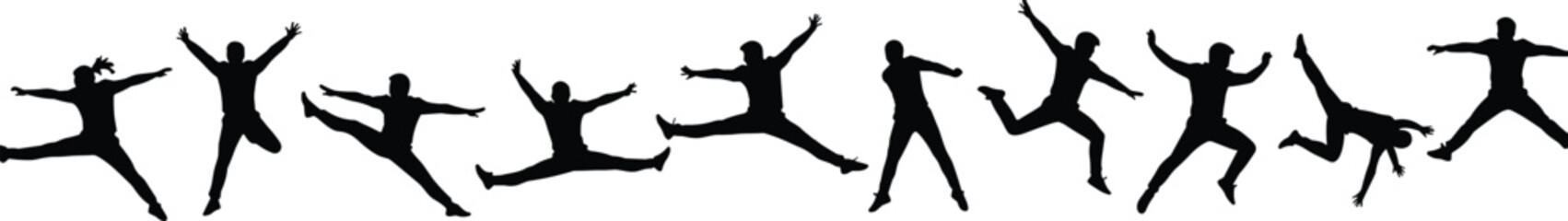 Silhouettes of People Jumping in Various Dynamic Poses, Expressing Joy, Freedom, Celebration, Energy, Happiness, and Active Lifestyle Movement Art