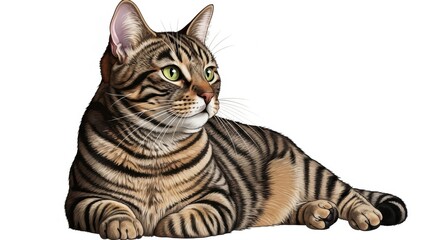 Obraz premium Elegant Tabby Cat with Striking Green Eyes Resting Peacefully