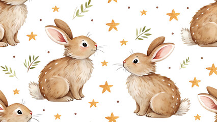 Charming watercolor seamless pattern featuring adorable fluffy bunnies surrounded by delicate foliage and whimsical stars