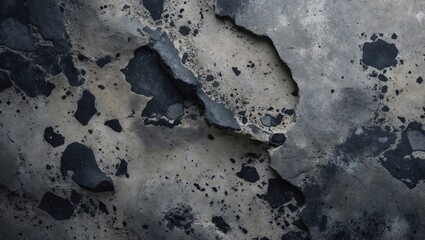 Close-up of cracked and splattered black and gray paint on a concrete surface.