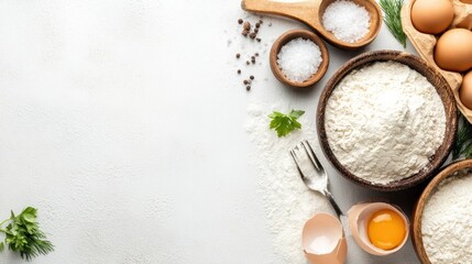 Overhead shot of culinary ingredients (flour, eggs, salt, pepper, dill, parsley) neatly arranged on a light surface. Creates a rustic, wholesome feel