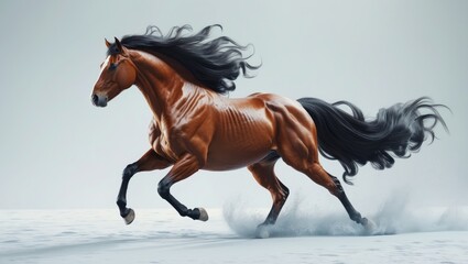 Fototapeta premium A horse running through snow with flowing mane and tail.
