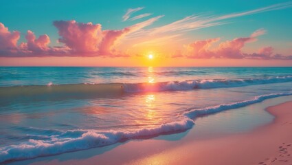 Fototapeta premium Sunset over the ocean at the beach with colorful clouds and reflections on the water. Scenic view of a peaceful coastal landscape during twilight.